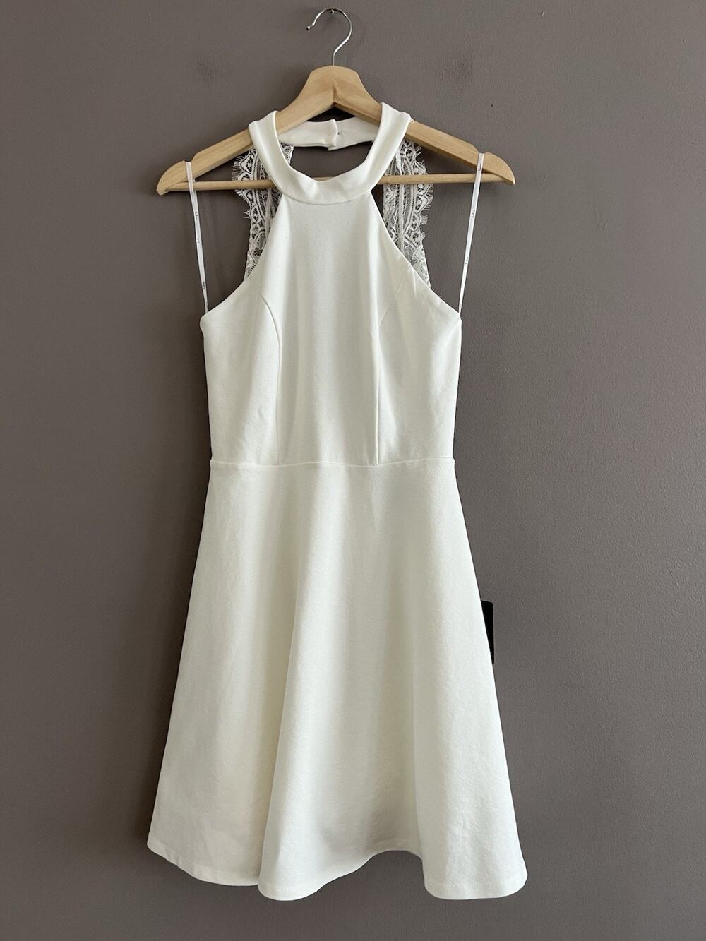 Lulus Lace Backless Skater Halter Dress Womens Small Off White Mini Fit & Flare